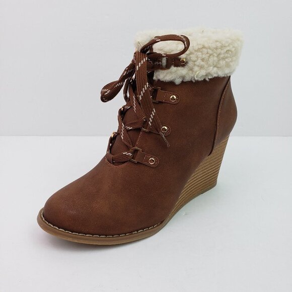 NEW Nautica Galva Womens Size 7.5 Brown Faux Fur Trim Lace Up Wedge Boots ZFN094 - Picture 2 of 10